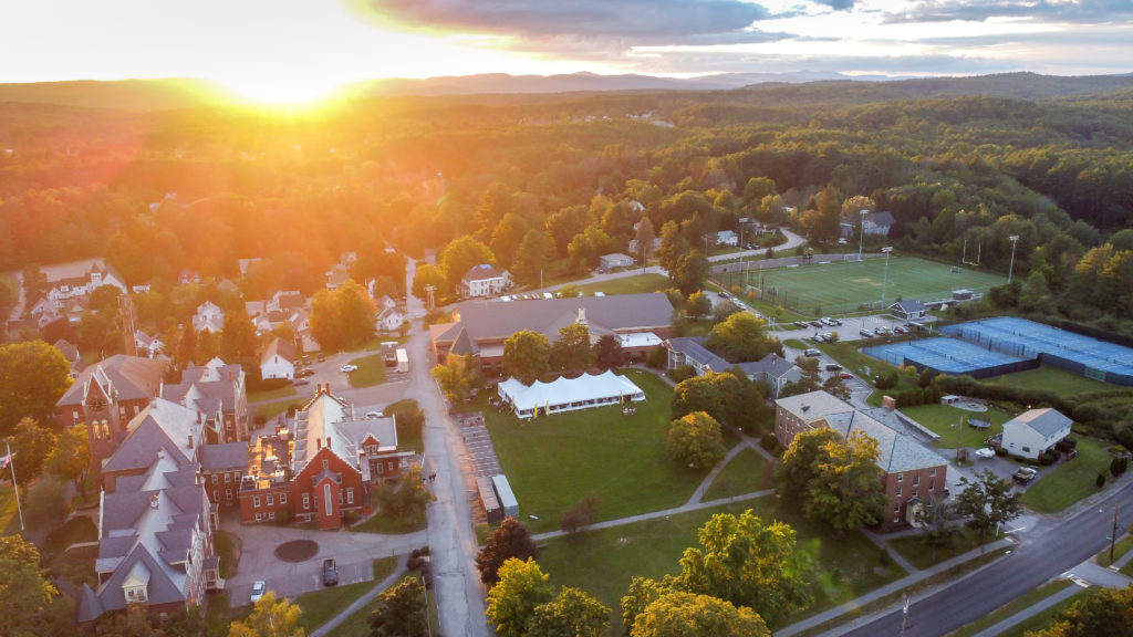 Aerial view at sunset of Tilton's New Hampshire Prep School campus.