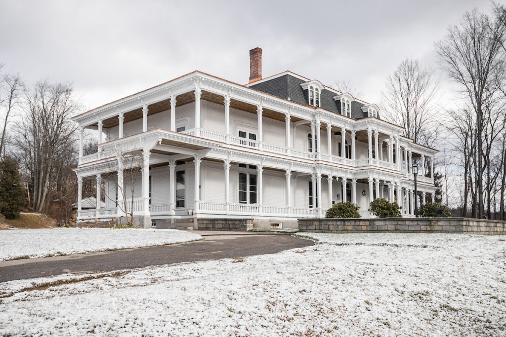 A photo from the southwest end of the Charles E. Tilton Mansion in the winter time.
