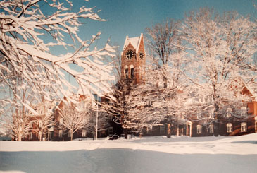 Snowy picture of Knowles Hall from 1980s