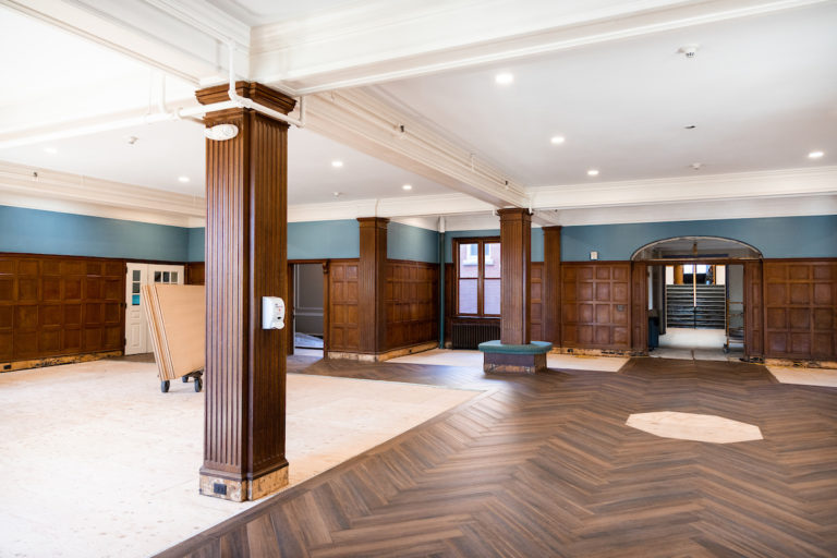 A progress shot of the renovation to Knowles Lobby.