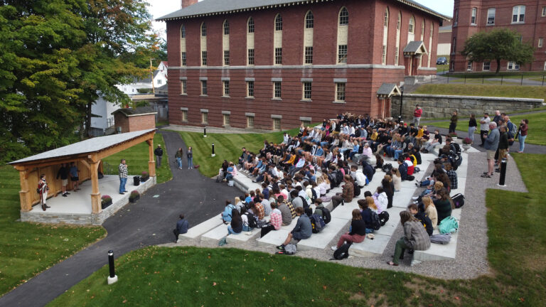 Another angle of the Alumni Amphitheatre during a School Meeting this fall.