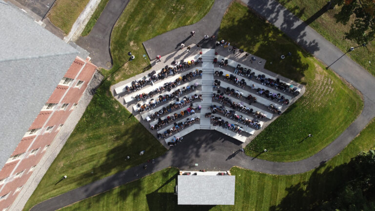 The brand new Alumni Amphitheatre as seen from above during a School Meeting.