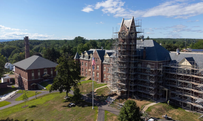 A drone shot of the scaffolding going up on Knowles Hall.